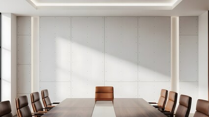 Modern Empty Conference Room with Long Table and Sunlight.