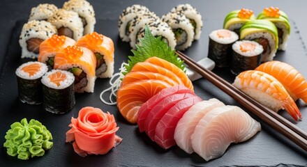 Assorted sushi and sashimi arrangement with wasabi and ginger root.