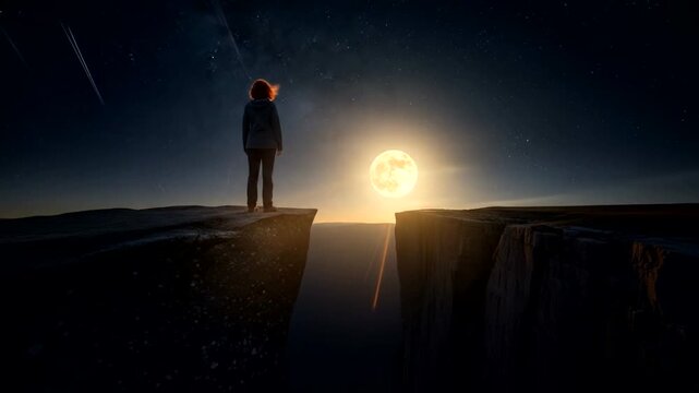 Person standing on a cliff edge looking at a bright light over a chasm at sunset.