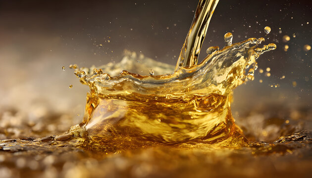 Shot of Pouring and Splashing Golden Oil Liquid