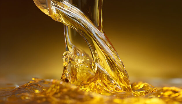 Shot of Pouring and Splashing Golden Oil Liquid