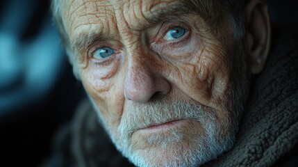 An elderly man gazes thoughtfully, his expressive blue eyes and weathered skin revealing stories of a rich life