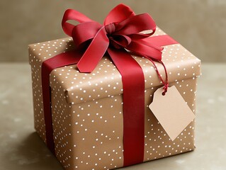 Elegant gift box in brown kraft paper with white polka dots, adorned with red ribbon and blank tag on beige background. Features customizable name label, perfect for festive celebrations,