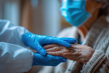Healthcare Worker Gently Holding Hands of Elderly Female Patient