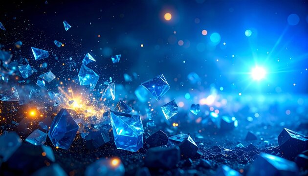 宇宙 爆発 破壊 破片 氷 水晶 クリスタル 塵 チリ 星屑 星雲 青 光 閃光 エフェクト CG SF 抽象的 神秘的 拡散 衝撃