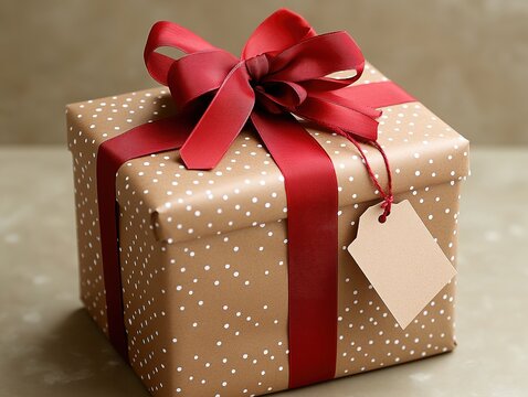 Elegant gift box in brown kraft paper with white polka dots, adorned with red ribbon and blank tag on beige background. Features customizable name label, perfect for festive celebrations,