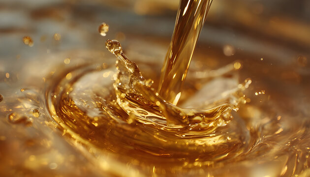 Shot of Pouring and Splashing Golden Oil Liquid