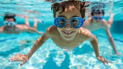 Naklejka premium A young boy and his family enjoy underwater swimming together during their summer vacation
