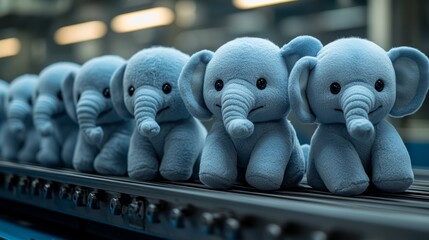 Charming blue elephant plush toys are artfully arranged, showcasing quality craftsmanship and playful design