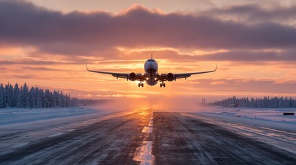 Fototapeta premium Sunrise Flight: Airplane Departing for Winter Vacation