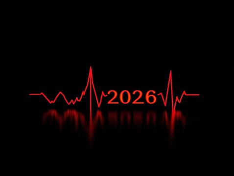 Minimalist red electrocardiogram line with 2026, flat vector illustration on black background for medical, technology, future concepts, and presentation designs. - Powered by Adobe
