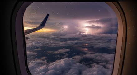 View from airplane window during lightning storm over clouds