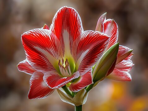 Close-up of a red amaryllis flower with white stripes, featuring delicate petals and a green stem against a blurred background. Professional photography ideal for botanical guides, festive decorations