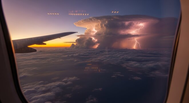 Dramatic lightning storm over clouds, view from airplane window