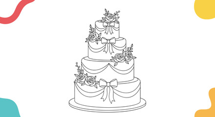 Detailed line art illustration of a multi-tiered wedding cake adorned with elegant roses and decorative bows, ready for coloring.