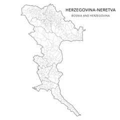 Vector Map of Herzegovina-Neretva Canton (Hercegovačko-Neretvanska Županija, Hercegovačko-Neretvanski Kanton) with Settlements (Naselja), Cities and Municipalities - FBiH, Bosnia and Herzegovina 2025