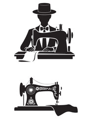 Vintage Sewing Machine Silhouette and Tailor Illustration for Craft and Fashion Design.