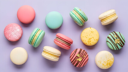 Gourmet macarons arranged on a pastel lavender background, premium bakery flat lay