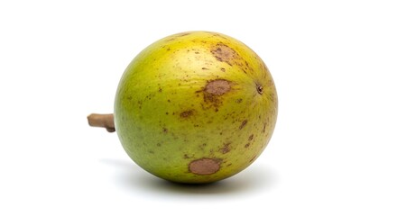 Ripe Green Fruit with Brown Spots on White Background.