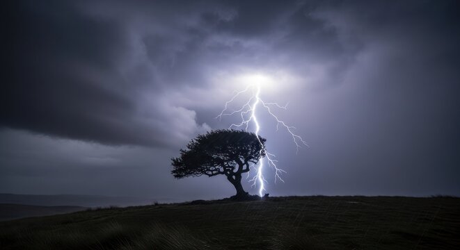 Lightning strikes a lone tree during an intense thunderstorm at night