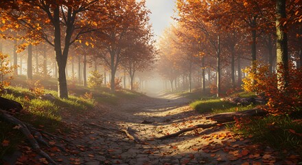 A winding dirt path leads through an autumn forest, bathed in warm sunlight and colorful leaves