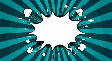 Dynamic teal radial background with a white comic book explosion speech bubble, complete with stars, halftone dots, and smoke effects, ready for text.
