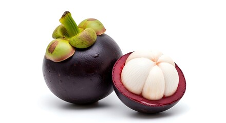 Fresh Mangosteen Fruit Whole and Halved Isolated on White.