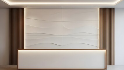 Fototapeta premium Modern Reception Desk with Elegant Backlit Wall and Wooden Panels in a Contemporary Office Lobby.