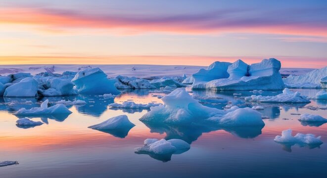 Icebergs floating in calm water, vibrant sunset sky reflection