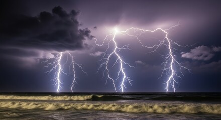 Powerful lightning strikes over ocean during a storm at night