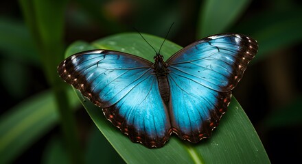 A vibrant blue butterfly with intricate patterns perched on a green leaf, captured in close-up