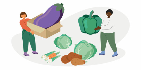 People holding giant vegetables eggplant pepper cabbage potatoes and carrots