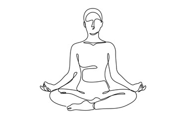 Continuous one line drawing of Woman sitting in lotus pose yoga vector illustration. Isolated on transparent background