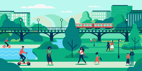 People enjoying an urban park with bridge and train illustration © Tusar