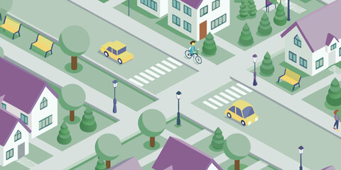 Isometric neighborhood illustration with houses cars people and trees in a modern style