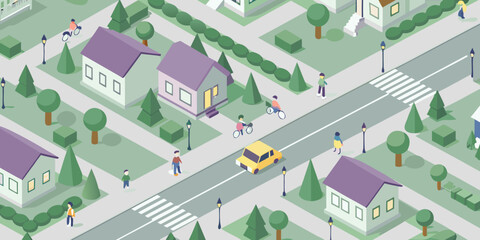 Isometric cityscape illustration with houses trees and people