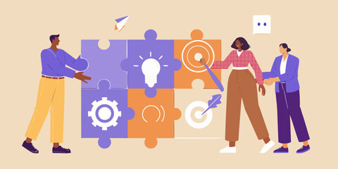 Teamwork and collaboration people solving problems with jigsaw puzzle pieces