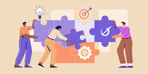 Teamwork and collaboration concept people solving puzzle together for business success