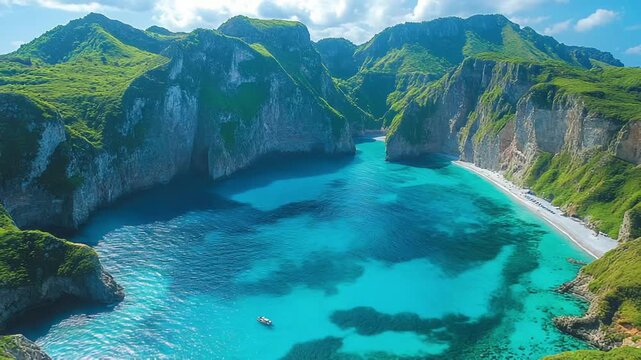 Aerial view of a stunning turquoise bay with lush green cliffs and a secluded beach under a sunny sky.