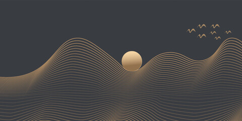 Vector abstract art landscape mountain with birds and sunrise with gold line art texture isolated on dark gray black background. eps10