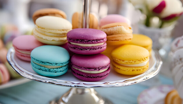 Macarons in a French inspired dessert arrangement, visually appealing display of sweet treats perfect for indulgent concepts or adding je ne sais quoi to visual content, suitable for use as