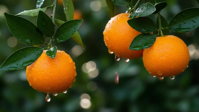 Ripe oranges with glistening water droplets on a lush tree