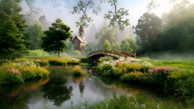 A vivid, digitally rendered landscape featuring a serene pond surrounded by lush greenery and a variety of flowers. The pond reflects the surrounding greenery.