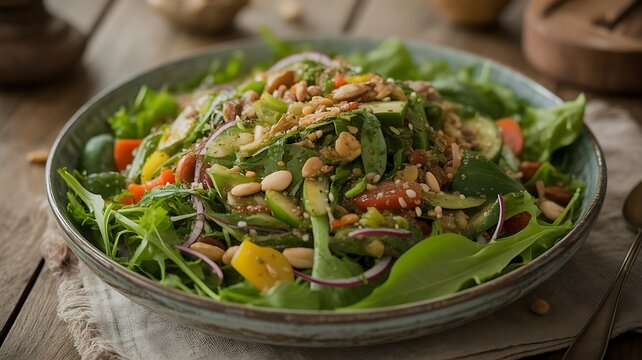 Fresh mixed green salad in bowl - Powered by Adobe