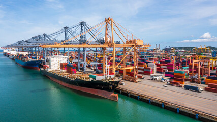 Aerial view container ship import export commercial global business trade logistic and transportation of International by container cargo ship boat, Freight shipping vessel maritime sea port terminal © William