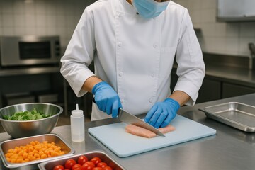 Professional chef preparing chicken fillets in a modern kitchen, emphasizing culinary skills, safety, and food preparation. Concept of gastronomy, hygiene, and culinary artistry.