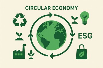 Circular economy concept illustrated with green symbols representing sustainability, recycling, and environmental responsibility. Focus on ESG values and eco-friendly practices.