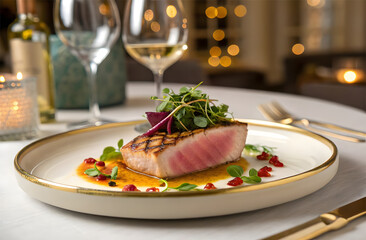 Grilled Tuna Steak Delights: A culinary masterpiece featuring a perfectly grilled tuna steak, complemented by vibrant garnishes, delicate wine glasses, and a softly lit ambiance.