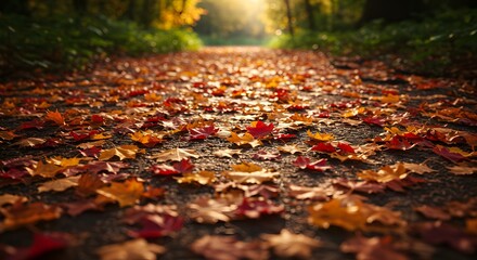 A scenic autumn pathway covered with colorful leaves, leading towards a bright, sunlit forest