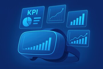 Virtual reality headset displaying KPIs and analytics graphs, symbolizing immersive data visualization and advanced technology in business intelligence.